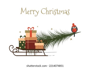 Merry christmas card with a christmas tree, winter sledge, colorful presents and bullfinch. Flat vector illustration.