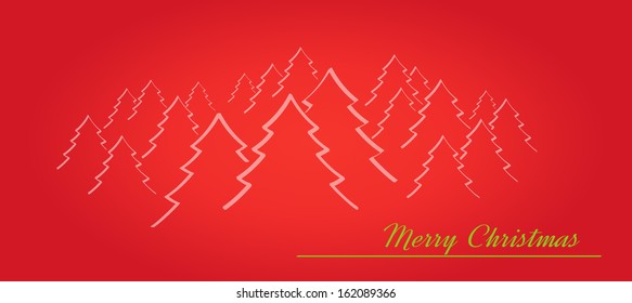 merry christmas card with trees or forest on the red background