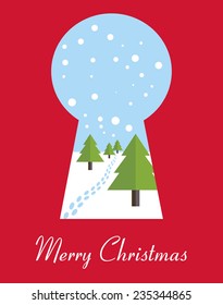 Merry Christmas card with Christmas trees through the keyhole. Vector illustration.