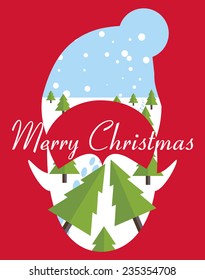 Merry Christmas card with Christmas trees through the Santa Claus silhouette. Vector illustration.