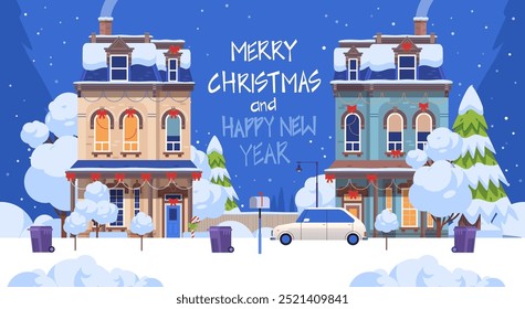 Merry Christmas card with Two decorated neighboring houses building. Cozy winter season flat vector composition