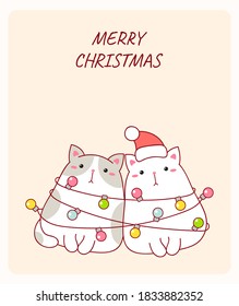 Merry Christmas card with two funny fat cats wrapped xmas garland. Vertical Christmas card with lovely cat. Vector EPS8