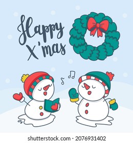 Merry christmas card with two lovely snowman with lettering  and ornament on snow background, cartoon character, vector illustration