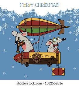 Merry Christmas card with two mice, airship, gifts and English text "Merry Christmas!"