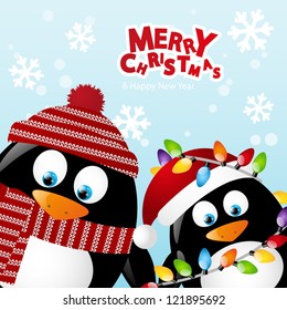 Merry Christmas Card With Two Penguins