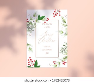 Merry Christmas Card with Typography inside of Golden Frame, Holly Berries, Eucalyptus and Green Plants on White Paper Sheet with Tree Branch and Leaves Shadow on Pink Background. Vector Illustration