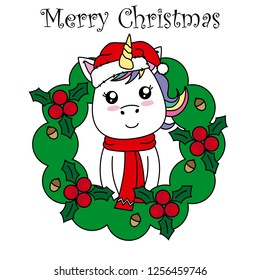 Merry Christmas card. Unicorn with santa claus hat