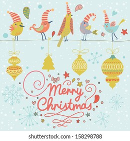 Merry Christmas card in vector. Cute funny birds in holiday concept background with vintage toys