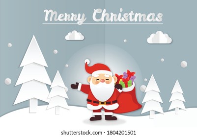 Feliz tarjeta de Navidad, portador del personaje de Cute Santa claus sostiene bolsa de regalo, corte de papel y estilo artesanal 
