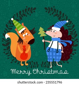 Merry Christmas card in vector with cute cartoon squirrel and hedgehog.Stylish holiday background in bright color