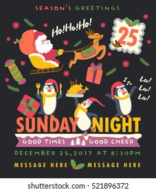 Merry Christmas card in vector. Cute Penguin and Santa Claus is coming to town