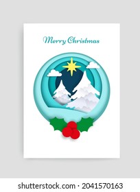Merry Christmas card vector design template. Paper cut craft style winter composition of white snowy Christmas trees and holly berries in circle.