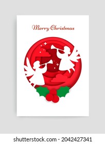 Plantilla de diseño de vectores de tarjetas navideñas de Feliz. Composición de invierno de estilo artesanal de corte de papel de siluetas de ángel blanco y bayas huecas en círculo.