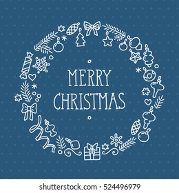 "Merry Christmas" card.  Vector doodle illustration of wreath with christmas decorations on blue dotted background. 