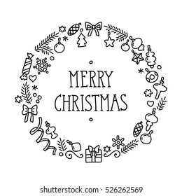 "Merry Christmas" card. Vector doodle illustration of wreath with christmas decorations isolated on white background