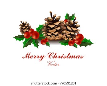 Merry Christmas Card Vector. Fir tree branches and viburnum on whites