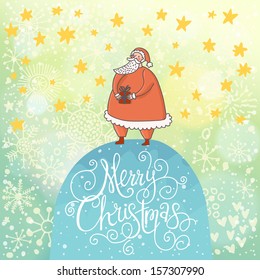 Merry Christmas card in vector. Funny Santa Claus with gift under snowfall made of hearts and stars