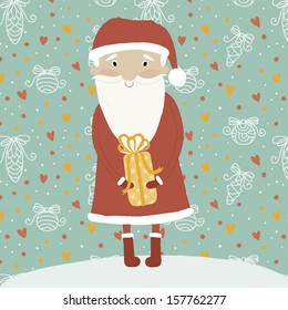 Merry Christmas card in vector. Funny Santa Claus with gift on New Year's background