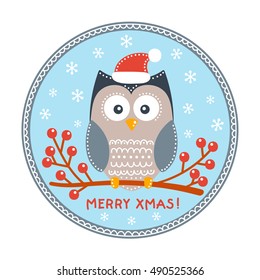 Merry Christmas card. Vector hand drawn winter card with cute owl sitting on a branch with berries. Merry Xmas! Nice bird in red christmas hat. Flat design owl with doodle ornament. Isolated.