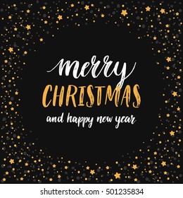 Merry christmas card. Vector hand drawn font on doodle stars. Black and gold. New year illustration for design greeting cards, photo overlays, invitations.