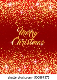 Merry Christmas card. Vector holiday template with sparkles on red background. Gold glitter frame for greeting cards, gift, voucher, shopping.