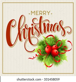 Merry Christmas card vector with holly EPS 10
