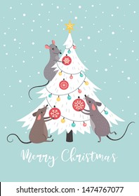 Merry Christmas card. Vector illustration of three funny cartoon rats decorating Christmas tree in flat style. Isolated on light blue snowing background.