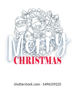 Merry Christmas card, vector illustration. Holidays gift, bells, hat, deer and Christmas tree. Candles, bow, holly candy and Santa Claus. Retro style.