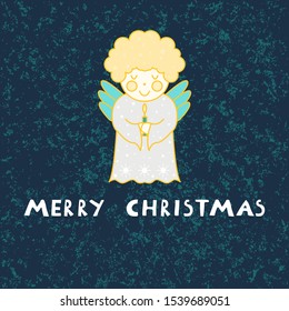 Merry Christmas card. Vector illustration with an angel that hold a candle.