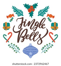 Merry Christmas card. Vector illustration. The Christmas tree in background postcard Jingle bells. A prezent gifts is classic Merry Christmas card scene The New Year party invitation