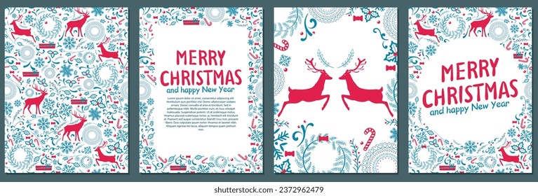 Merry Christmas card. Vector illustration. The holiday card had lettering Happy New Year 2024 in bright red The Christmas tree was adorned with deer and red ornaments The festive poster announced