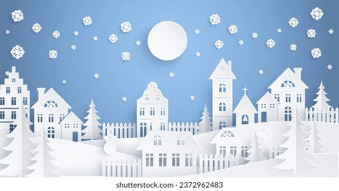 Merry Christmas card. Vector illustration. An invitation Xmas party was adorned with red and golden ornaments Paper cut city greeting card wished everyone Merry Christmas and prosperous New Year