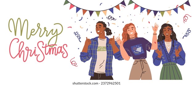 Merry Christmas card. Vector illustration. A red ribbon and bell ornament looked stunning on Christmas tree An invitation Xmas party had festive lettering and decorations The postcard showcased