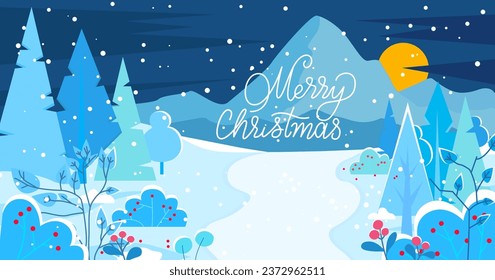 Merry Christmas card. Vector illustration. Xmas celebrations bring joy heart and warmth home The text on greeting card wished everyone joy and love Winter landscape fill homes with festive