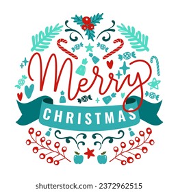 Merry Christmas card. Vector illustration. Happy holidays bring families together under Christmas tree A Merry Christmas metaphor often symbolizes warmth during winter cold Ornaments on tree tell