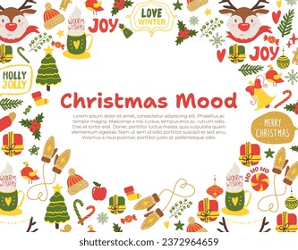 Merry Christmas card. Vector illustration. A festive poster displays Christmas mood scenes and holiday greetings Merry Christmas 2024 may it bring joy and happiness everyone The golden hue decorations