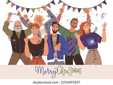 Merry Christmas card. Vector illustration. Holiday season is about joy, decorations, and warm greetings The Merry Christmas concept embodies warmth, kindness, and giving A red ribbon and people party