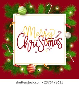 Merry Christmas card. Vector illustration. Snow adds beauty winter holiday season An invitation New Year party had beautiful Christmas tree in background The text on Christmas card conveyed warmth