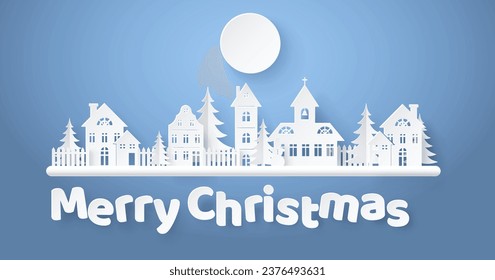 Merry Christmas card. Vector illustration. Merry Christmas 2024 brings hope for better year ahead Bells jingling is sound commonly associated with Christmas An invitation Xmas party Paper cut city