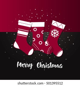 Merry christmas card. Vector illustration of red Christmas stockings. Christmas socks icon