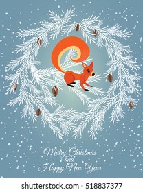 Merry christmas card. Vector illustration. Happy new year. Red squirrel on the tree branches.