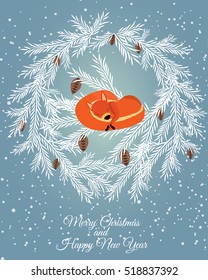 Merry christmas card. Vector illustration. Happy new year. Red squirrel on the tree branches.