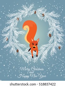 Merry christmas card. Vector illustration. Happy new year. Red squirrel on the tree branches.