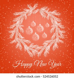 Merry christmas card. Vector illustration. Happy new year.  Wreath of branches with Christmas balls.