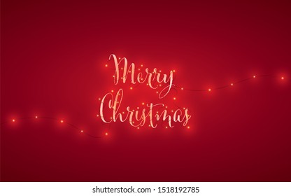 Merry christmas card vector template with decorative lettering and christmas ligths around on red background. Festive, seasonal banner for postcards. Eps10 illustration