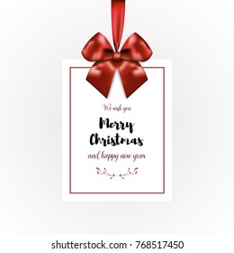 Merry Christmas card Vector template for banner, greeting card, poster The calligraphic inscription Merry Christmas on white paper and big red bow as decoration Realistic style