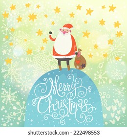 Merry Christmas card in vector.Cute funny Santa Claus with gift under snowfall made of hearts and stars