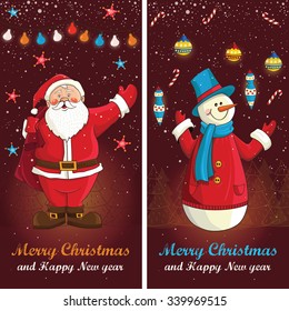 Merry Christmas card in vector.Cute funny Santa Claus and snowmen