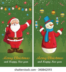 Merry Christmas card in vector.Cute funny Santa Claus and snowmen