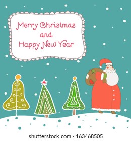 Merry Christmas card in vector.Funny Santa Claus with gift. Beautiful holiday background with Santa under snowfall in stylish colors in vector 